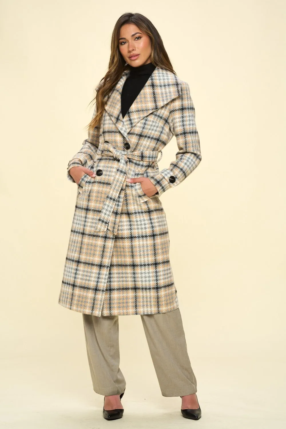 Aiden Double-Breasted Plaid Coat with Belt