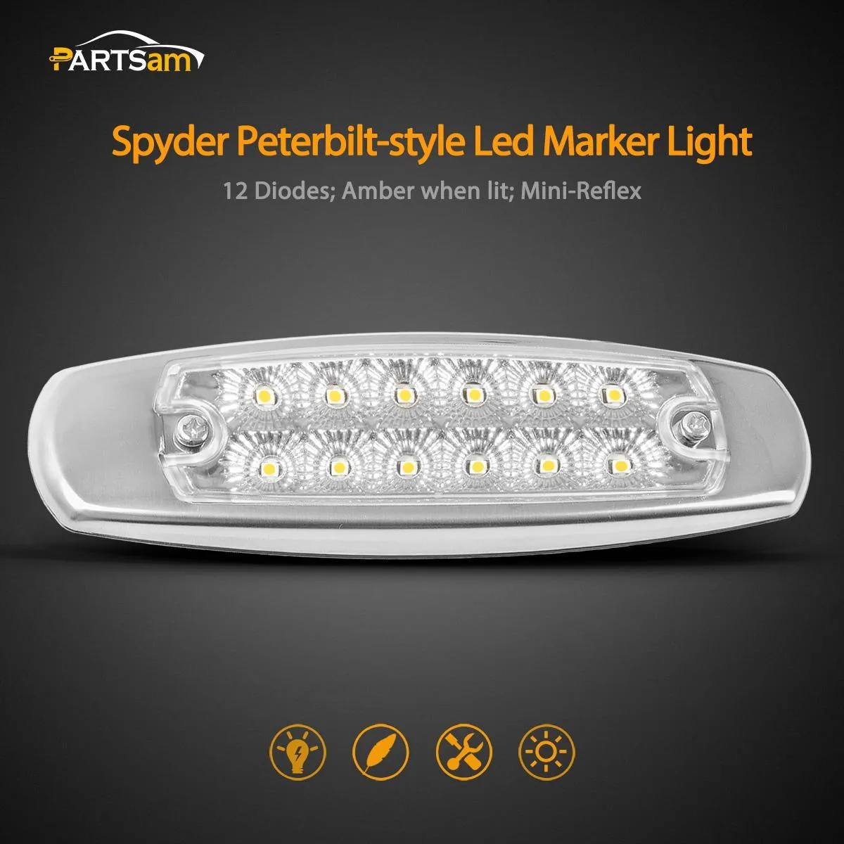 Partsam 10Pcs 6-1/5 Inch Flat Oval Amber Led Side Marker Lights 12 LED Clear Lens Surface Mount w Reflectors Waterproof Replacement for Peterbilt Led Front Fender Marker Cab Panel Lights 12V