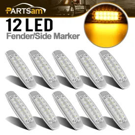 Partsam 10Pcs 6-1/5 Inch Flat Oval Amber Led Side Marker Lights 12 LED Clear Lens Surface Mount w Reflectors Waterproof Replacement for Peterbilt Led Front Fender Marker Cab Panel Lights 12V