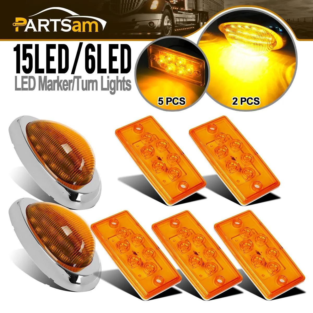 Partsam Replacement for Freightliner Century/Columbia Led Lights Kit, 5x Rectangle Amber 6LED Cab Roof Top Clearance Marker Light 2x 5-7/8 inch Teardrop Sleeper Amber Clearance Marker Light 15Led