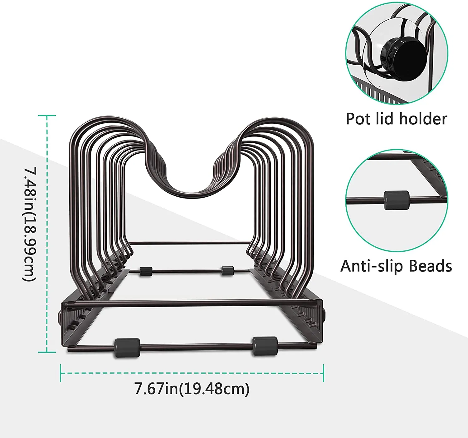 Pot Lid Organizer Pan Holder Rack with 10 Dividers and 4 Hooks | Puricon