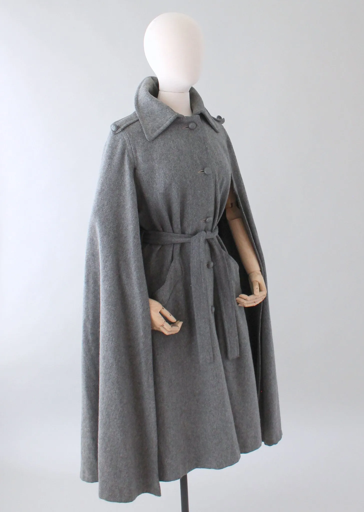 Vintage 1970s Grey Wool Belted Coat Cape