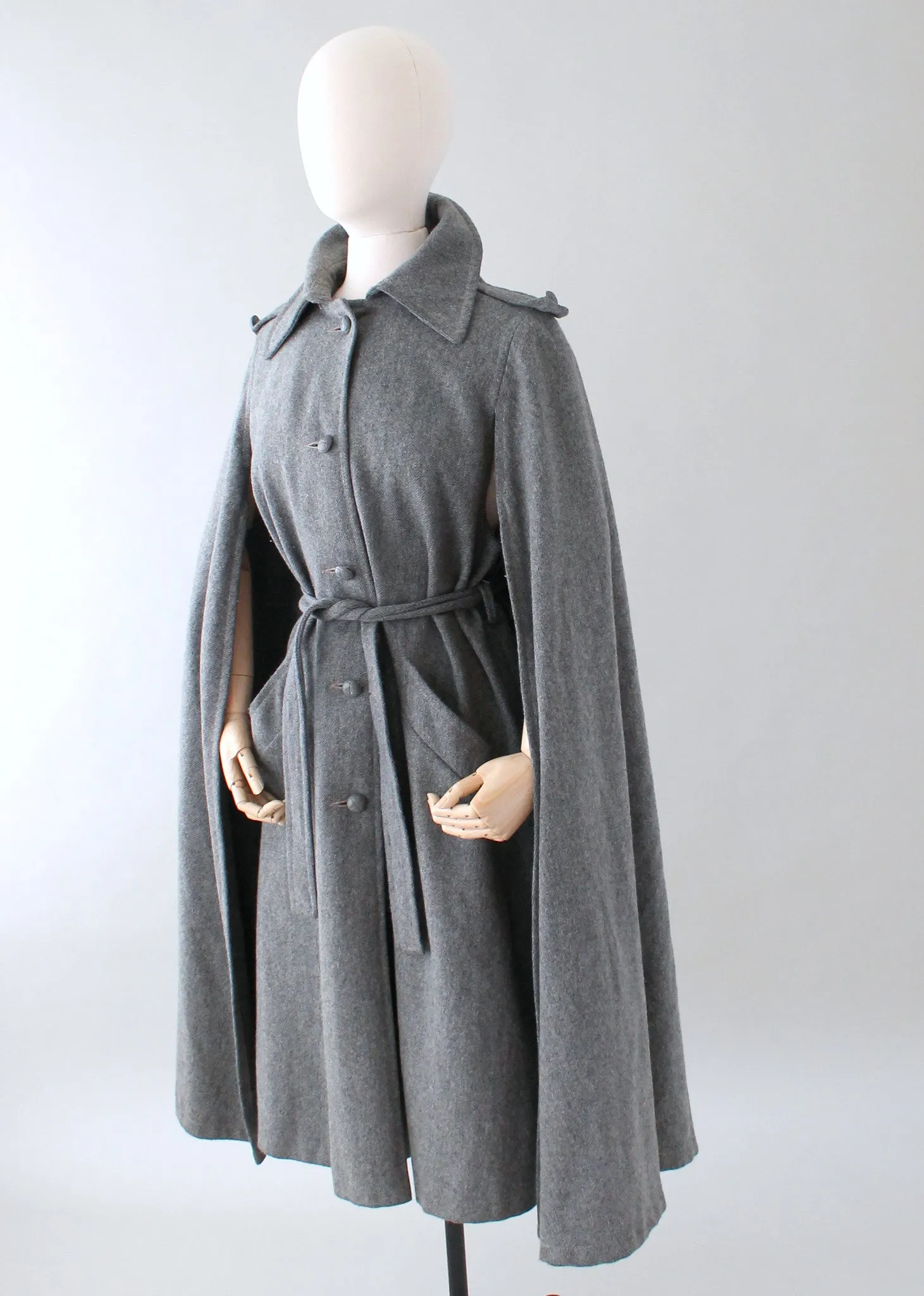 Vintage 1970s Grey Wool Belted Coat Cape