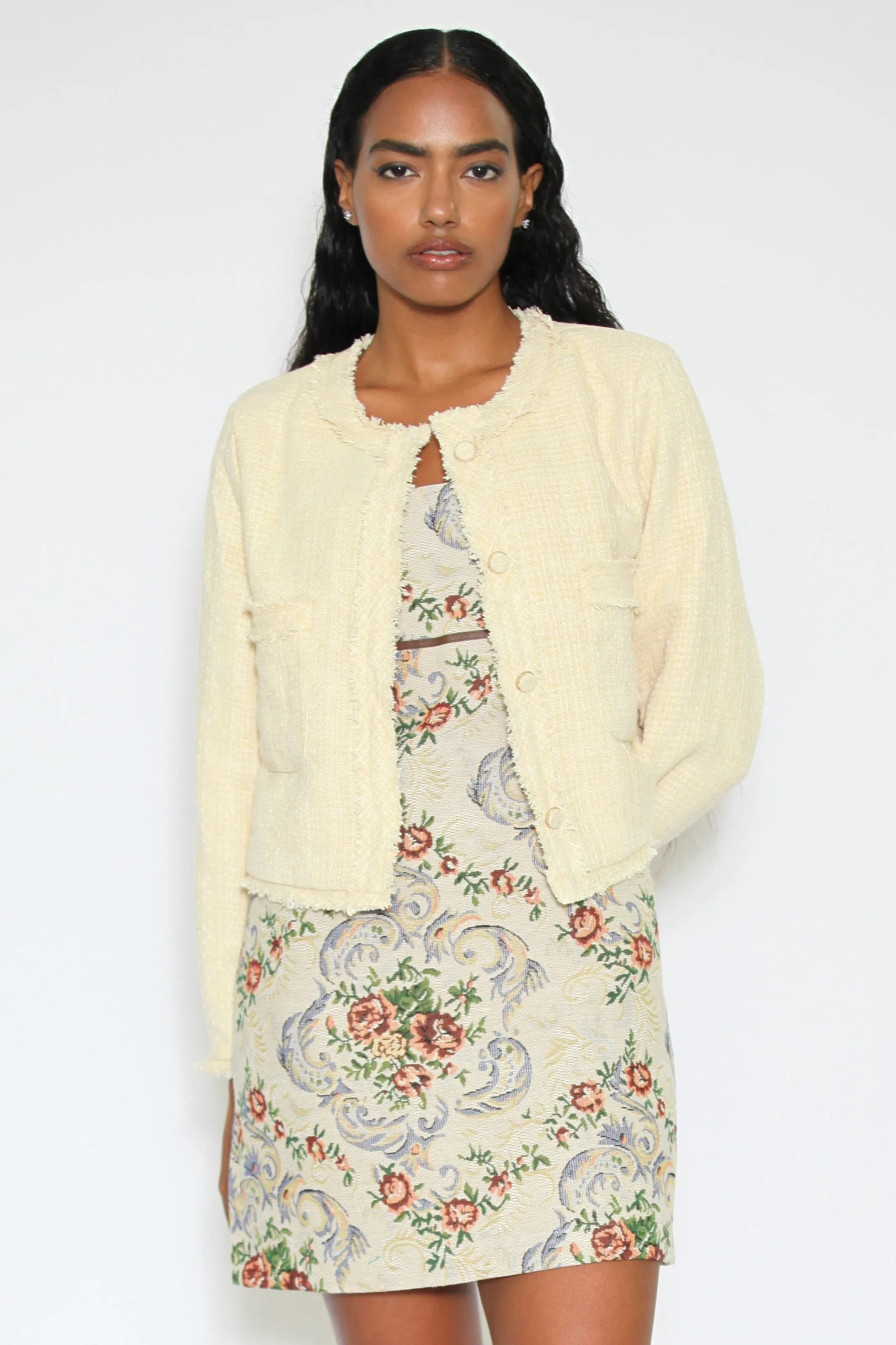 Wool Pale Yellow Cropped Tweed Blazer